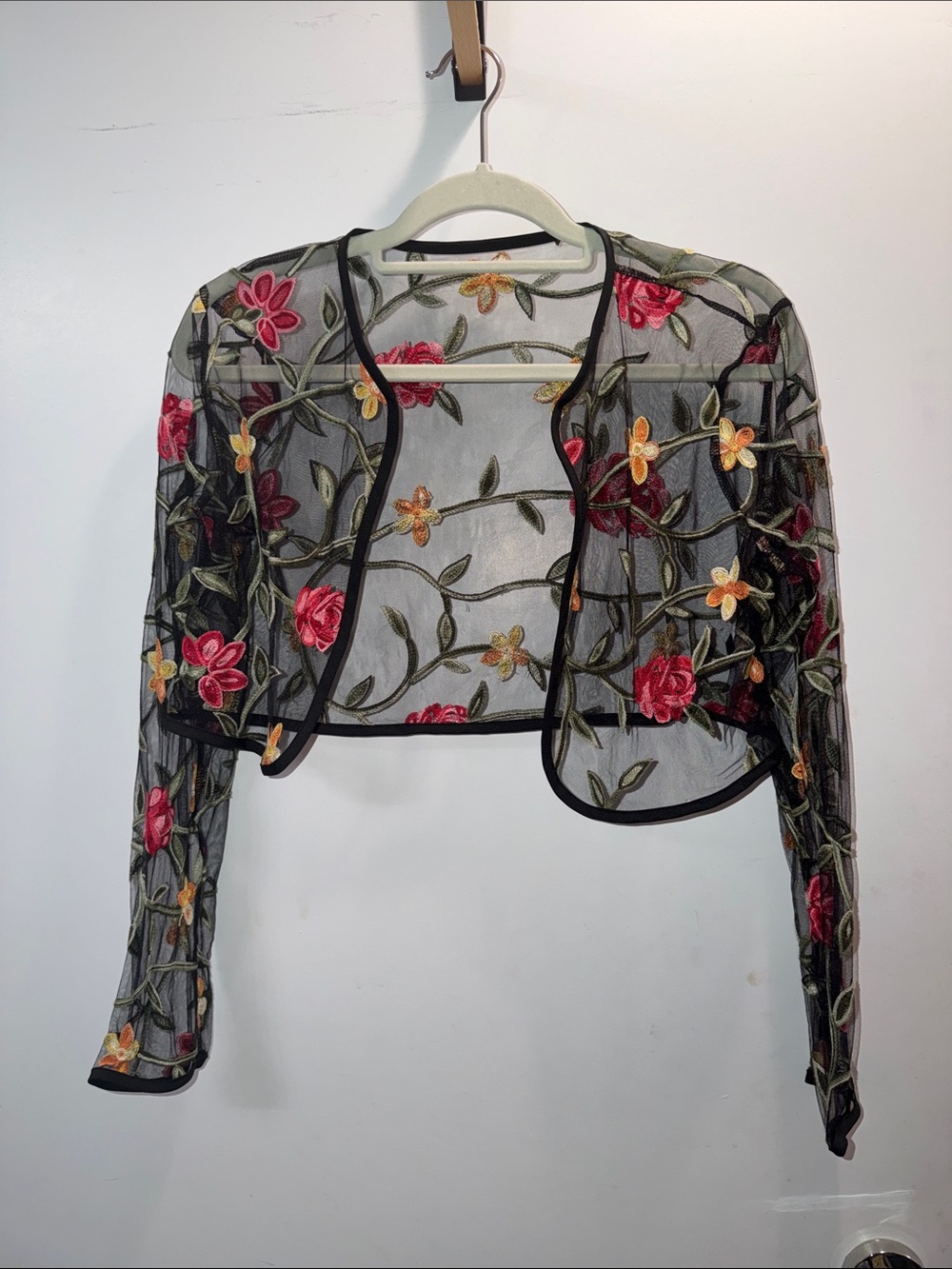NWOT Embroidered Floral Sheer Bolero Jacket - Black with Pink & Yellow Flowers - Picture 3 of 5